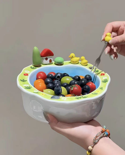 Cute Ceramic Fruit Bowl with Matching Forks – Decorative Fruit Serving Dish for Home, Living Room, and Coffee Table.