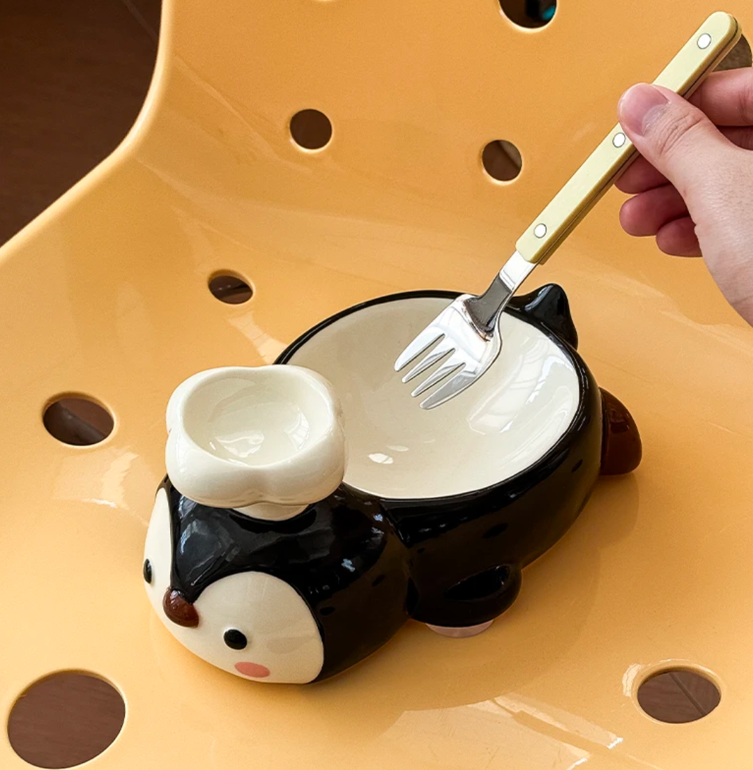 Cute Penguin Ceramic French Fry Bowl with Dip Compartment