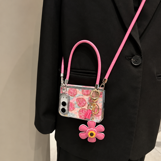 Pink Tulip Crossbody iPhone Case with Flower Charm