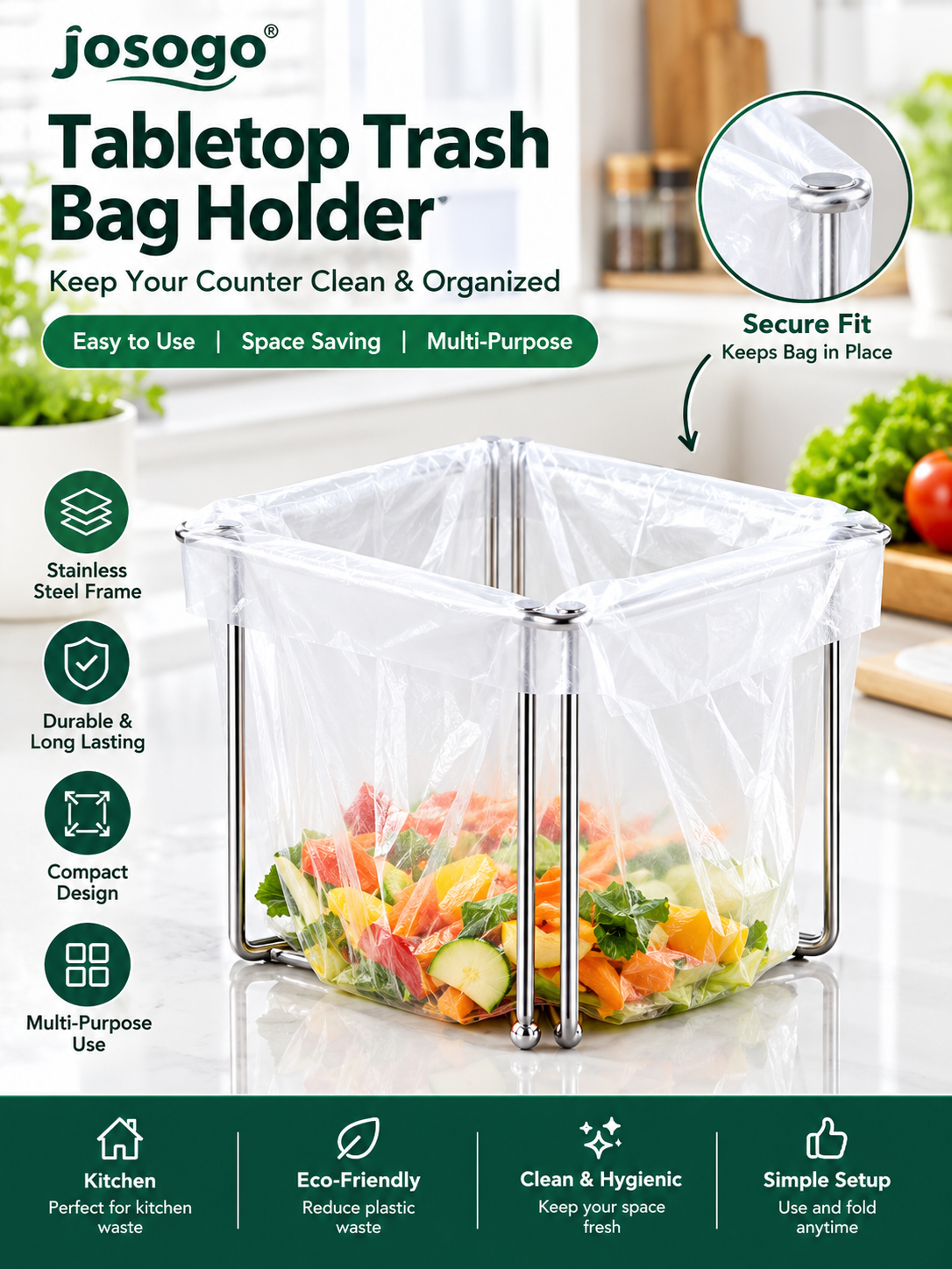 Stainless Steel Kitchen Trash Bag Holder – Multi-Functional Countertop Waste Rack