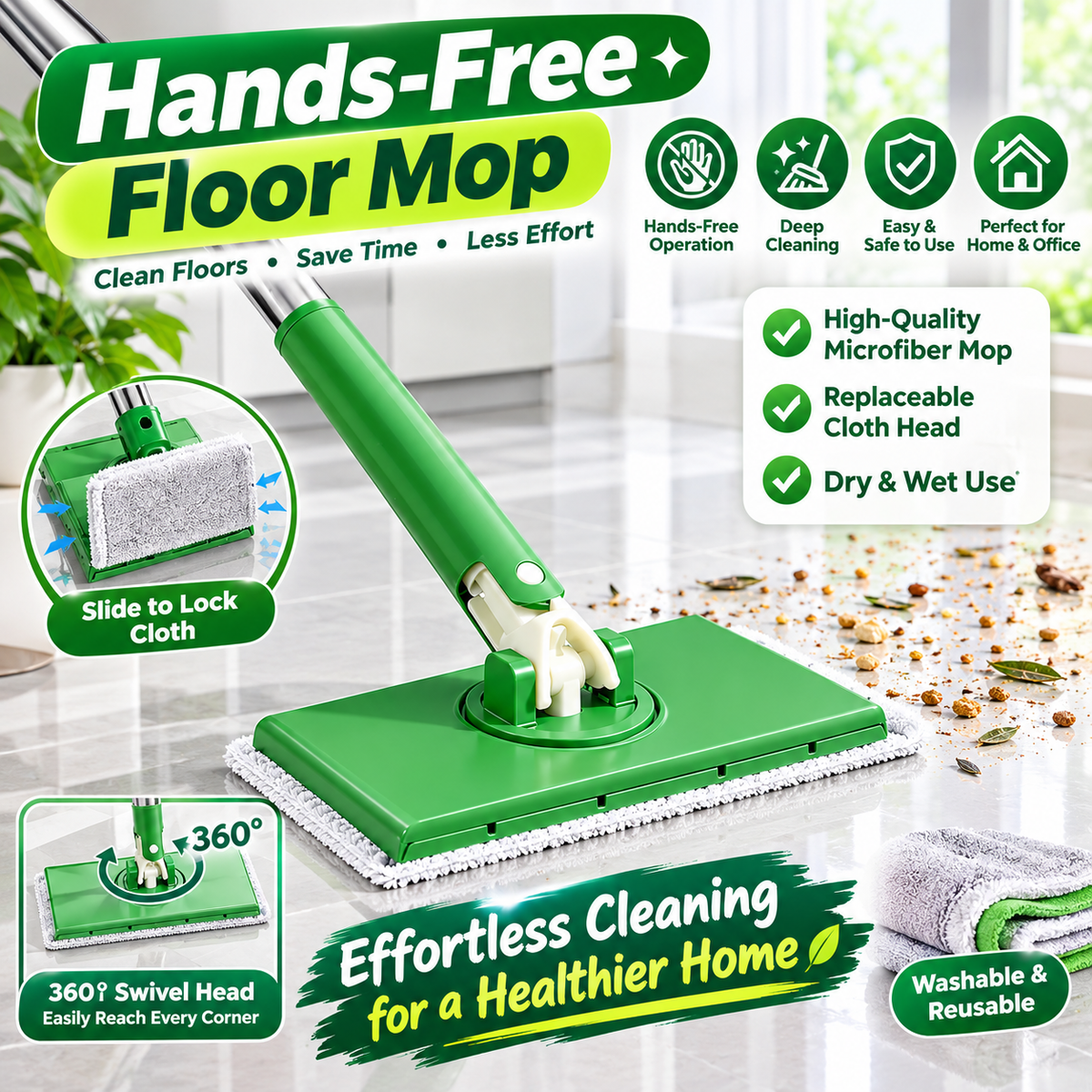 Hands-Free Self-Cleaning Floor Mop — Compact Mop for Wet Wipes, Face Towels & Cloths, Perfect for Bathroom and Wall Cleaning