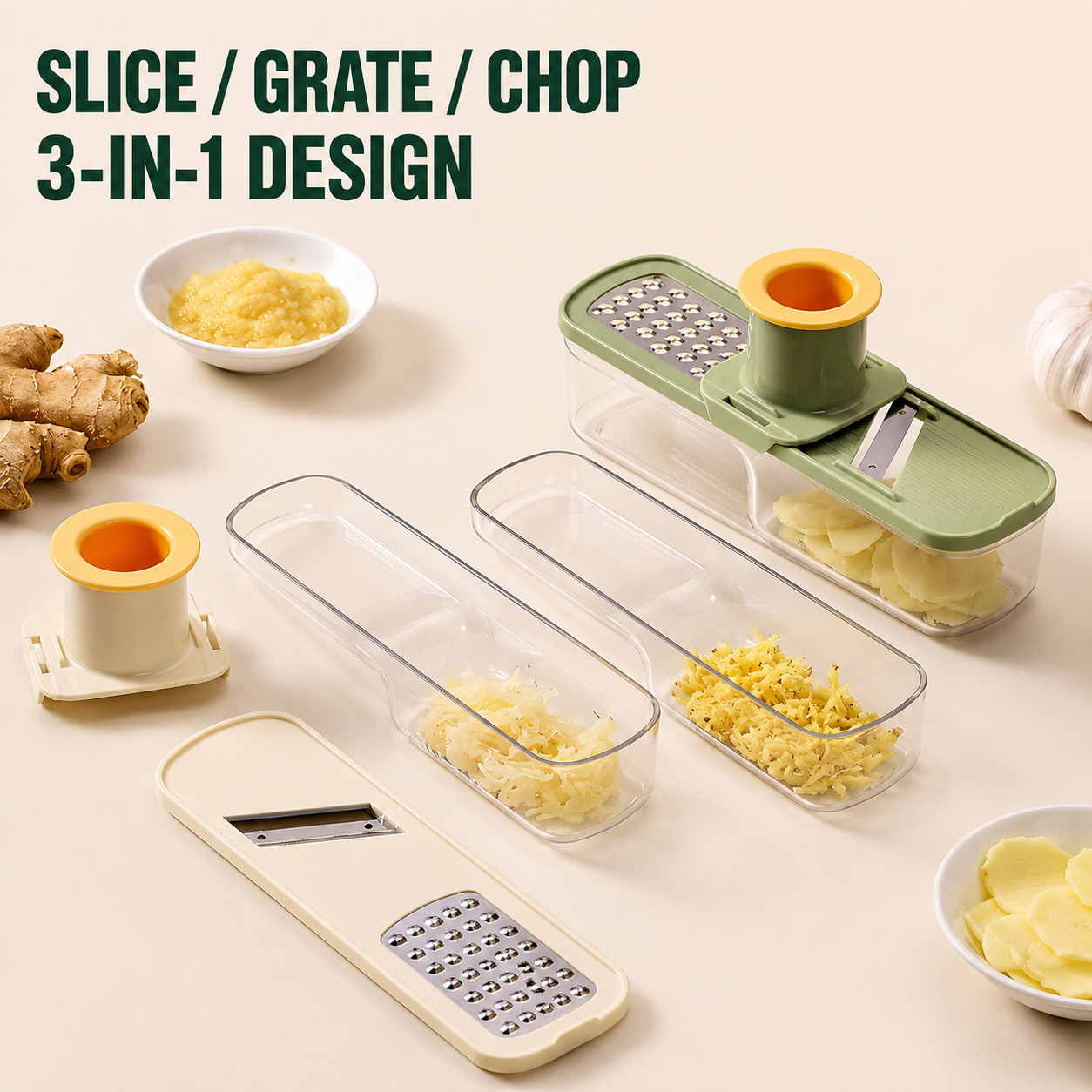 3-in-1 Garlic Press, Grater & Slicer – Stainless Steel Ginger & Garlic Tool