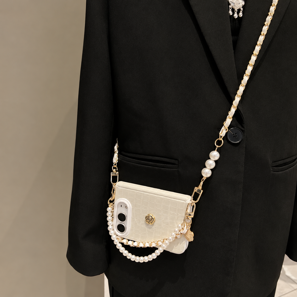 Ivory Camellia Pearl Chain iPhone Case