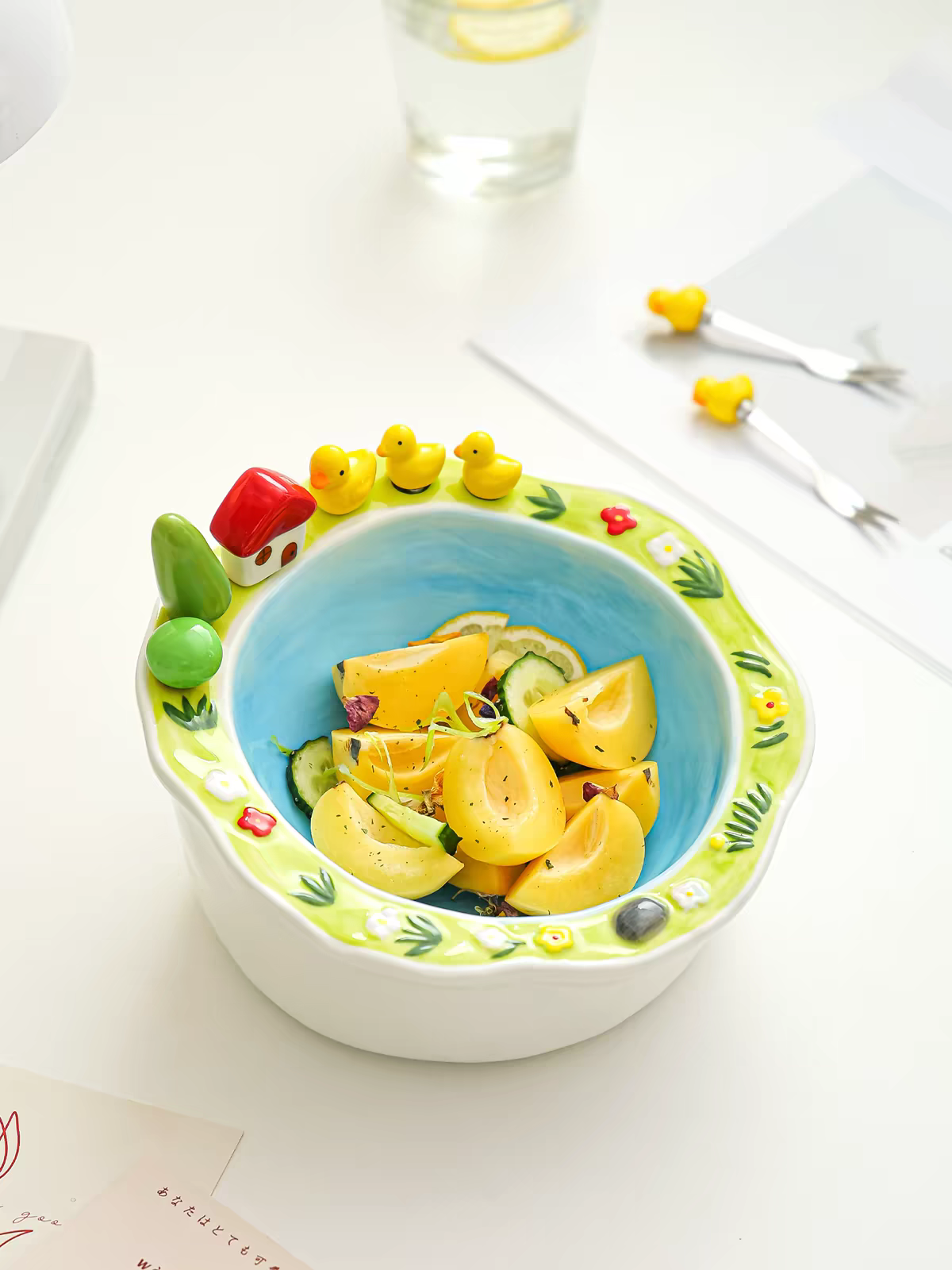 Cute Ceramic Fruit Bowl with Matching Forks – Decorative Fruit Serving Dish for Home, Living Room, and Coffee Table.