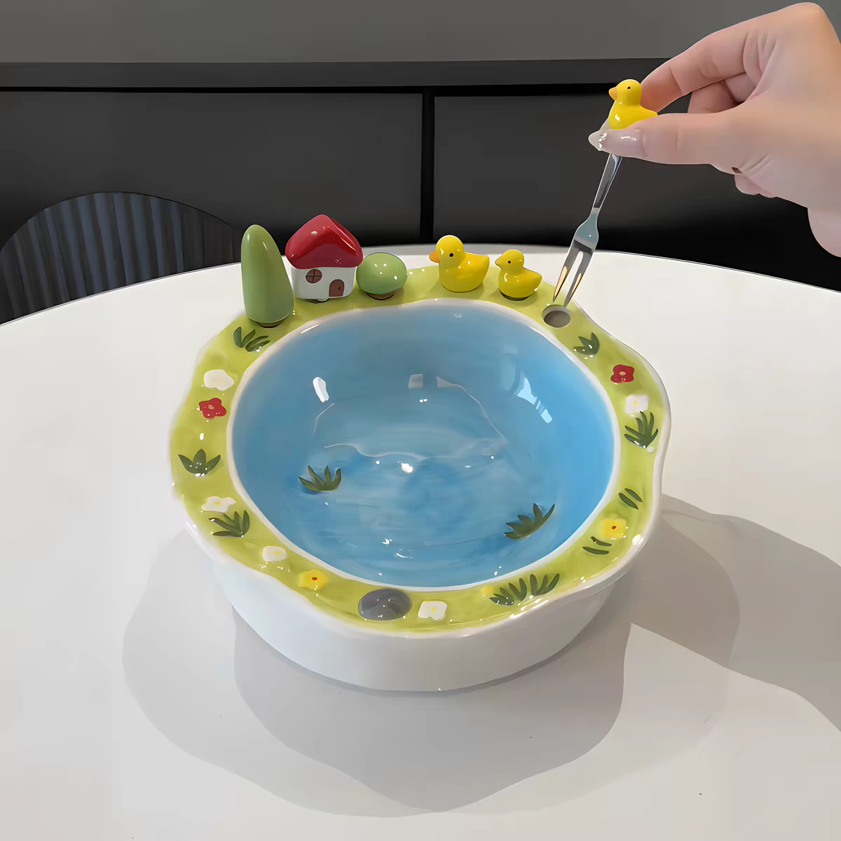 Cute Ceramic Fruit Bowl with Matching Forks – Decorative Fruit Serving Dish for Home, Living Room, and Coffee Table.