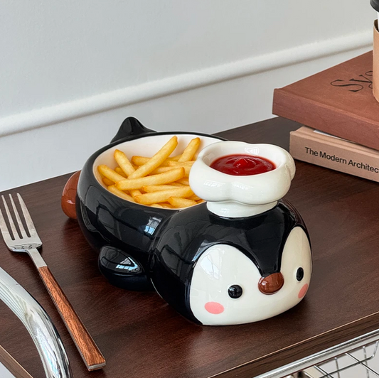 Cute Penguin Ceramic French Fry Bowl with Dip Compartment