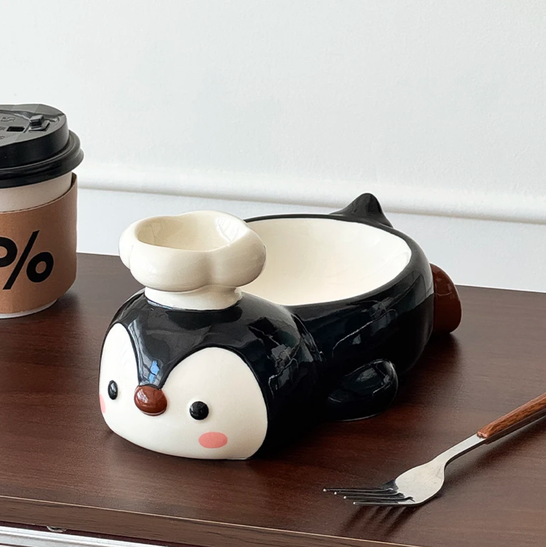 Cute Penguin Ceramic French Fry Bowl with Dip Compartment