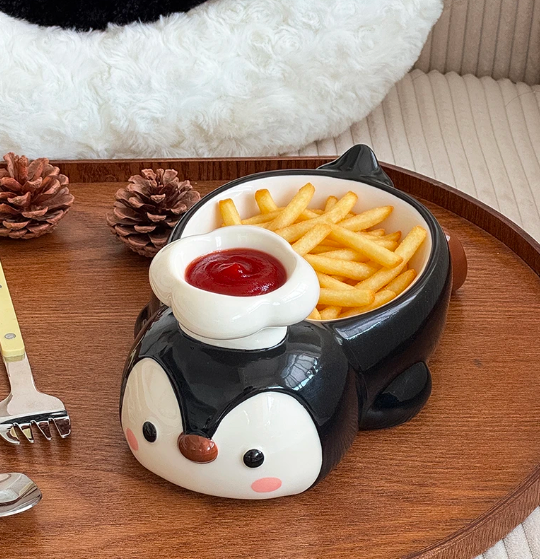 Cute Penguin Ceramic French Fry Bowl with Dip Compartment