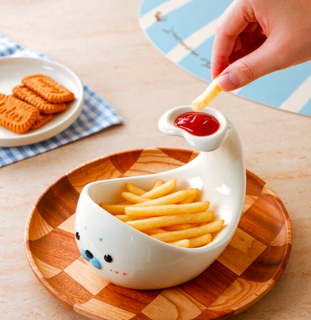 Cute Seal Ceramic Snack Bowl with Dip Compartment