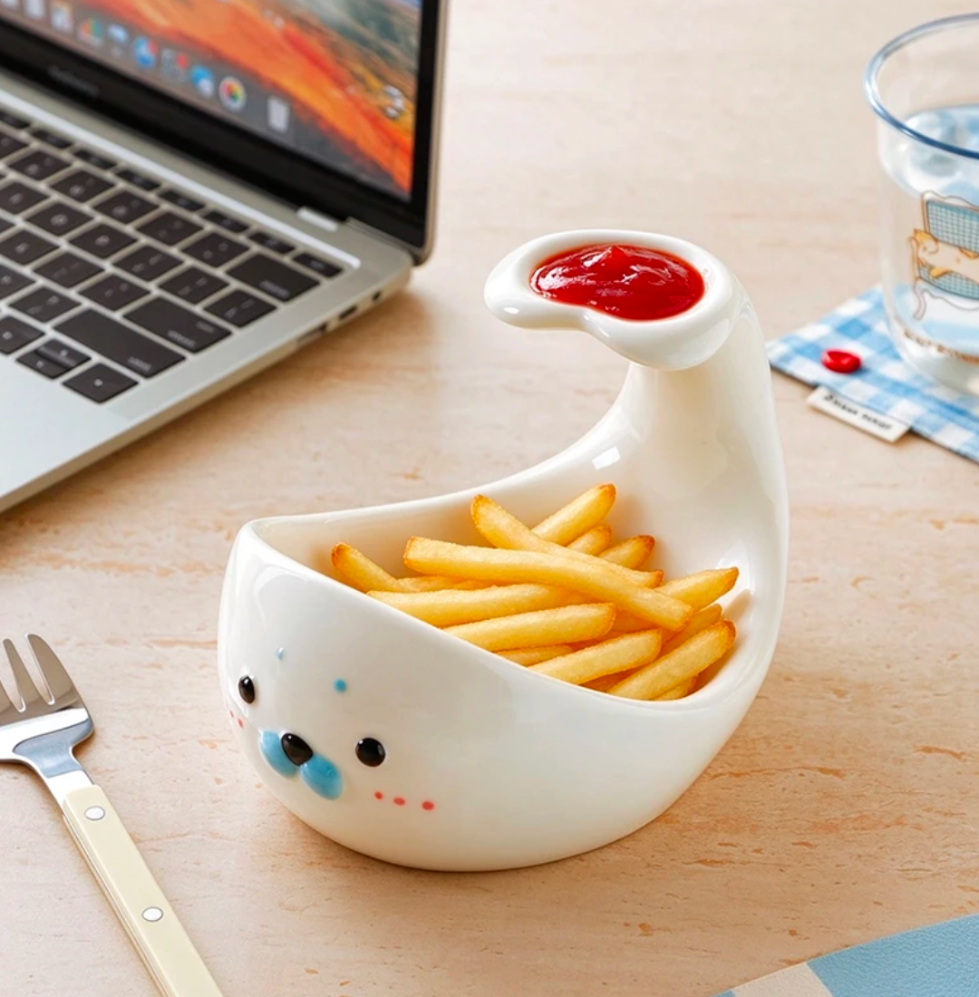 Cute Seal Ceramic Snack Bowl with Dip Compartment