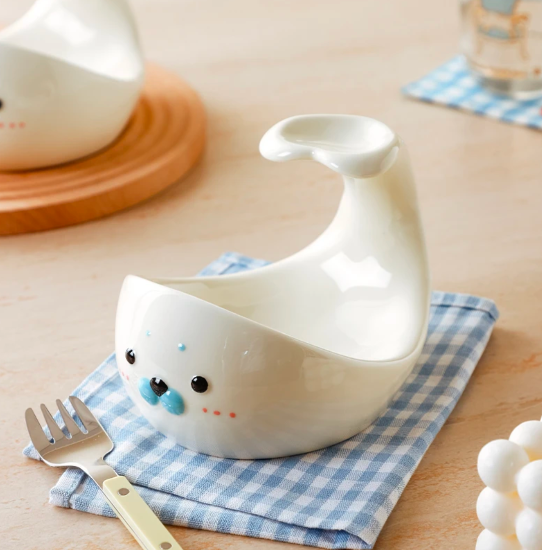 Cute Seal Ceramic Snack Bowl with Dip Compartment