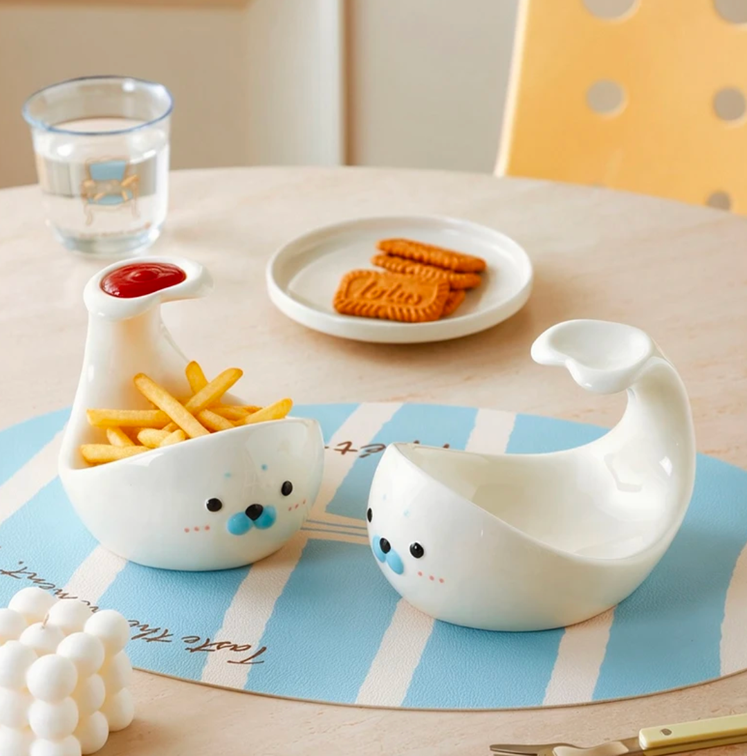Cute Seal Ceramic Snack Bowl with Dip Compartment