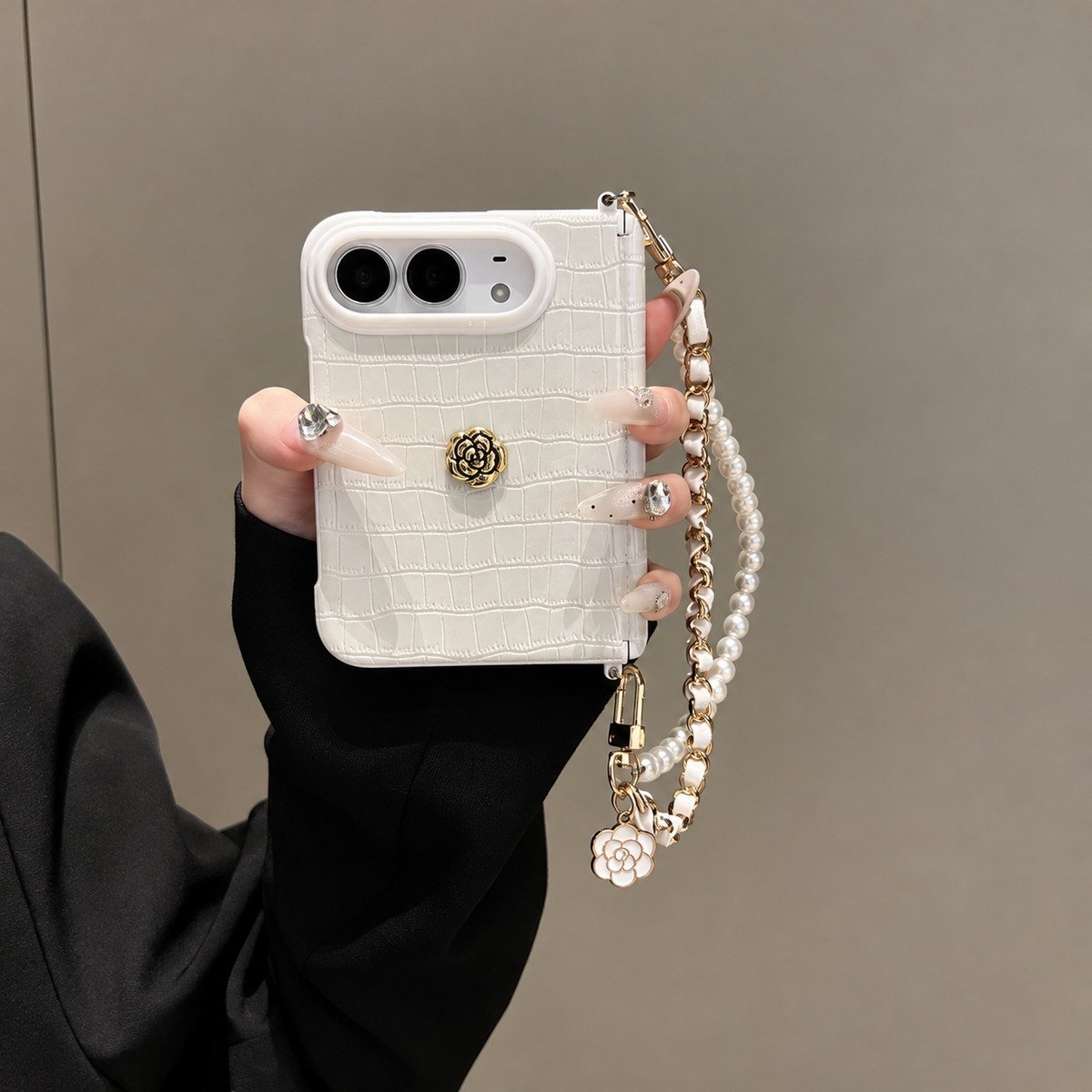Ivory Camellia Pearl Chain iPhone Case