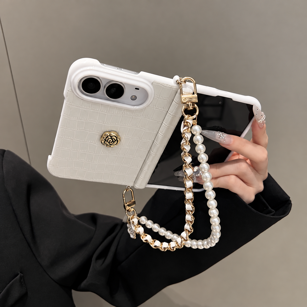 Ivory Camellia Pearl Chain iPhone Case