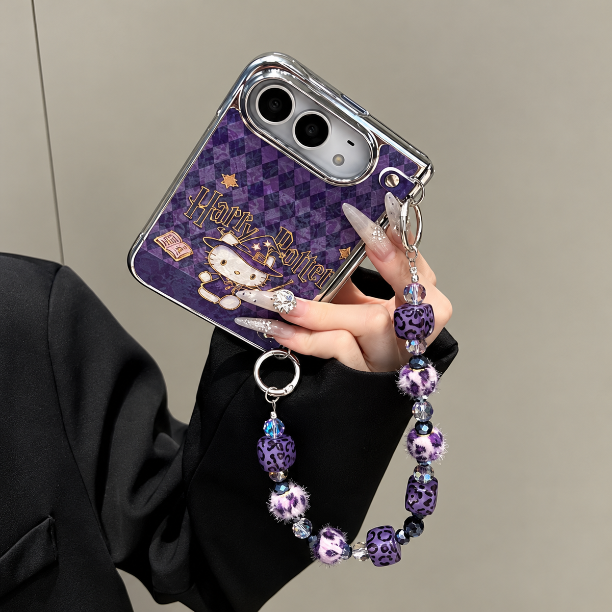 Purple Wizard Kitty Case with Beaded Charm Strap