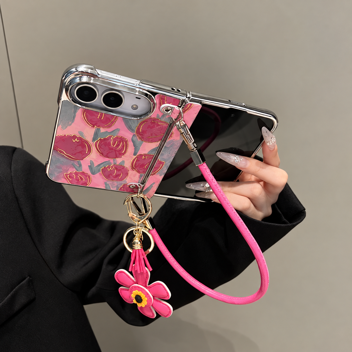 Pink Tulip Crossbody iPhone Case with Flower Charm