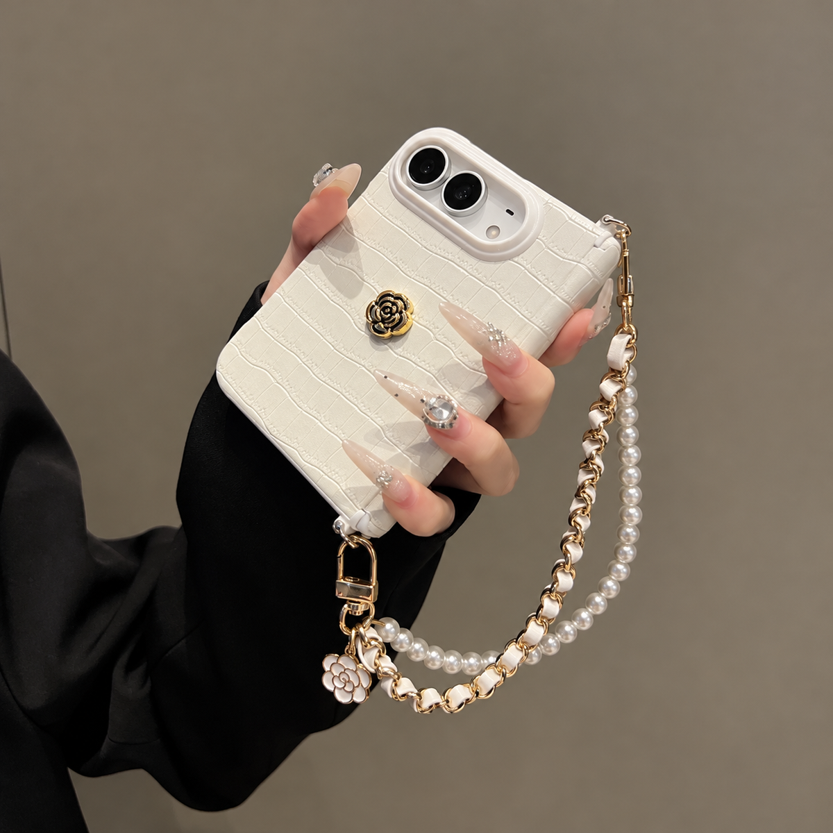 Ivory Camellia Pearl Chain iPhone Case