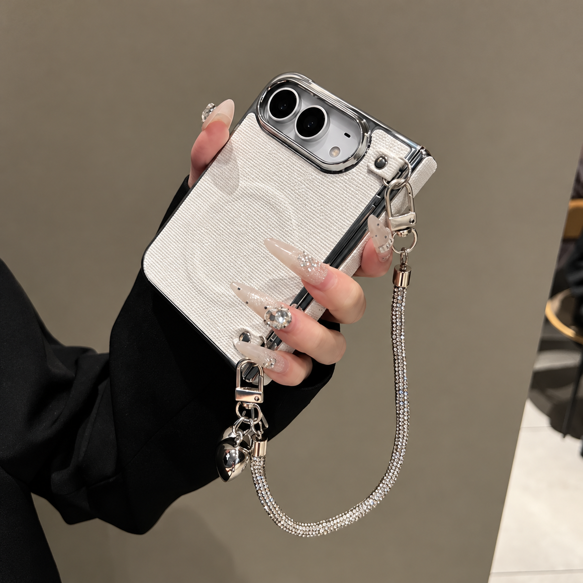 Silver Sparkle iPhone Case with Rhinestone Strap & Heart Charm