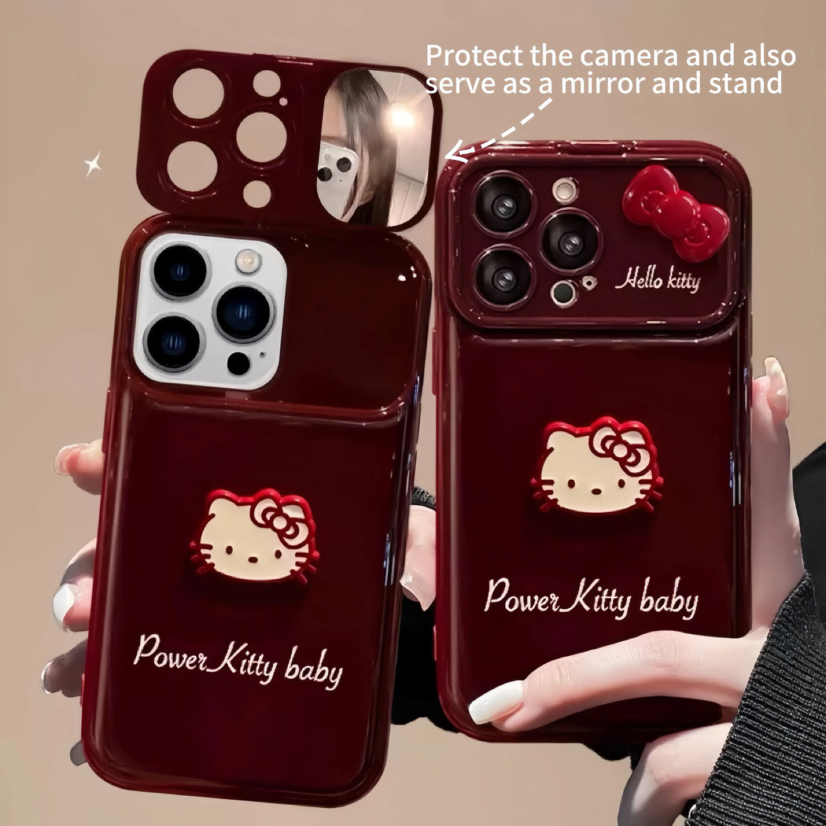 Kitty flip phone case with mirror and stand