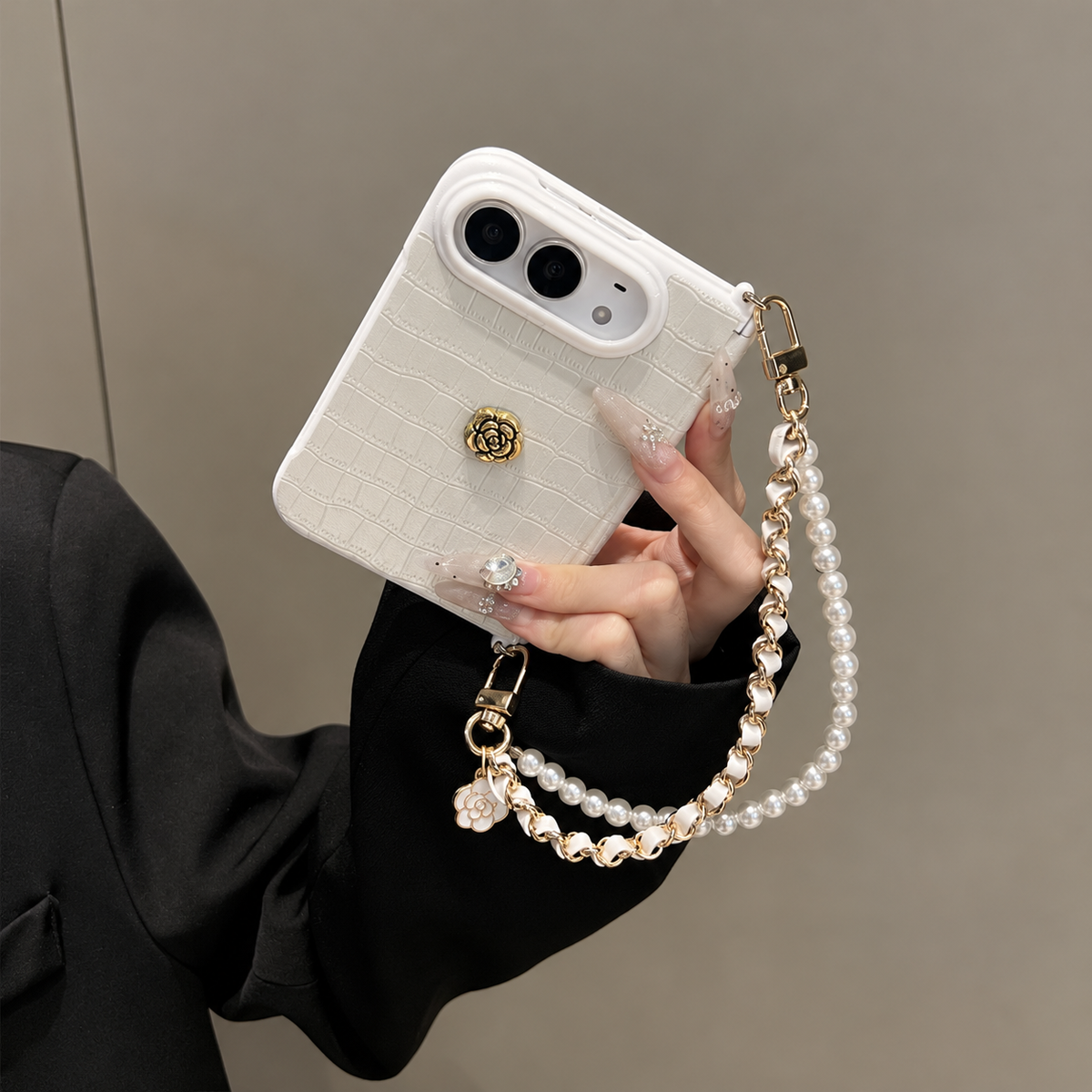 Ivory Camellia Pearl Chain iPhone Case
