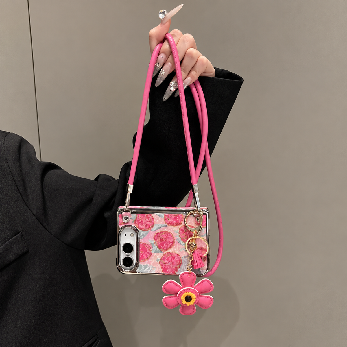 Pink Tulip Crossbody iPhone Case with Flower Charm