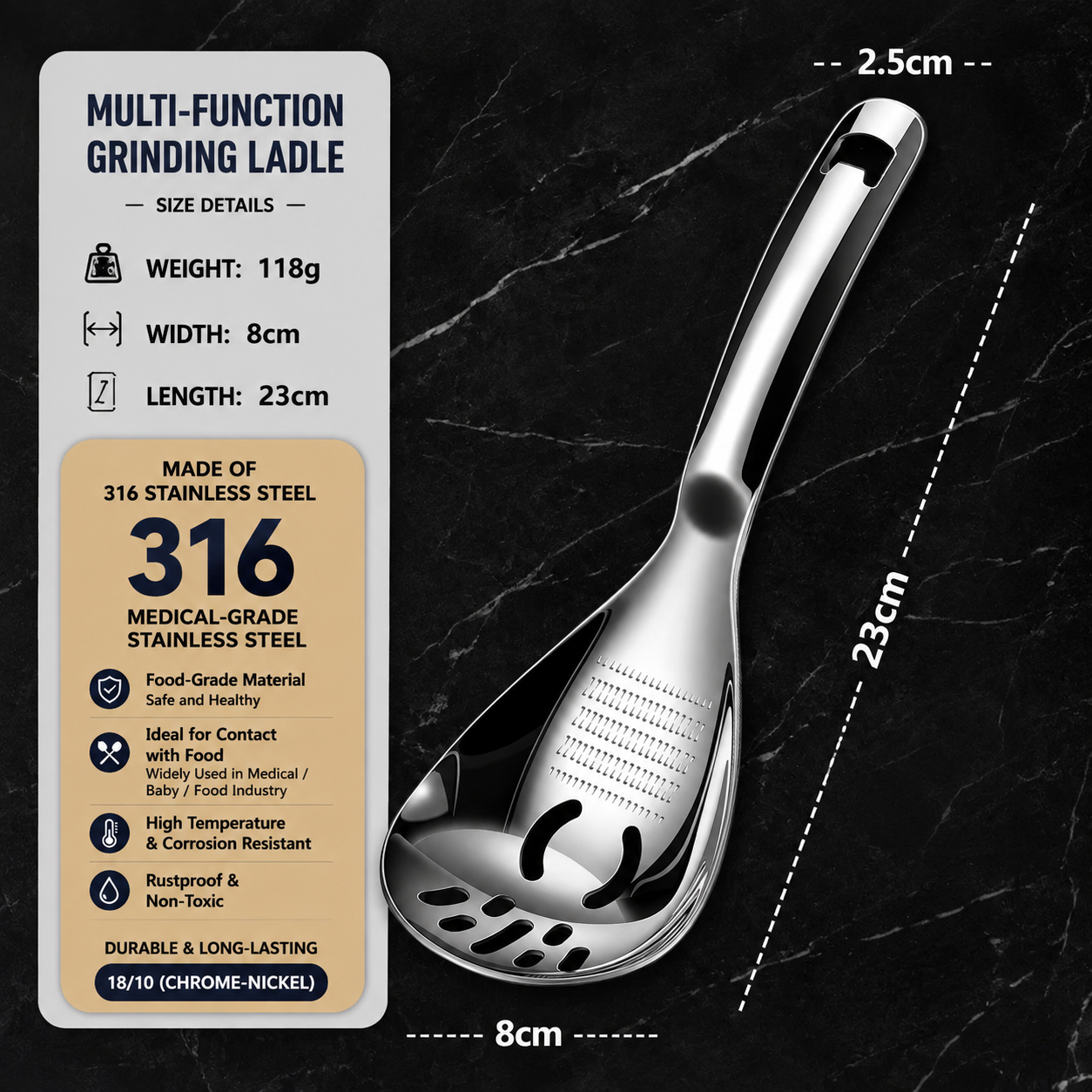 L316 Stainless Steel Masher & Strainer Spoon