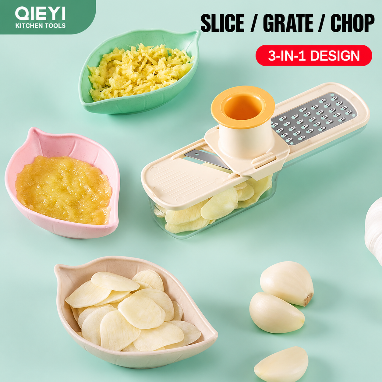 3-in-1 Garlic Press, Grater & Slicer – Stainless Steel Ginger & Garlic Tool