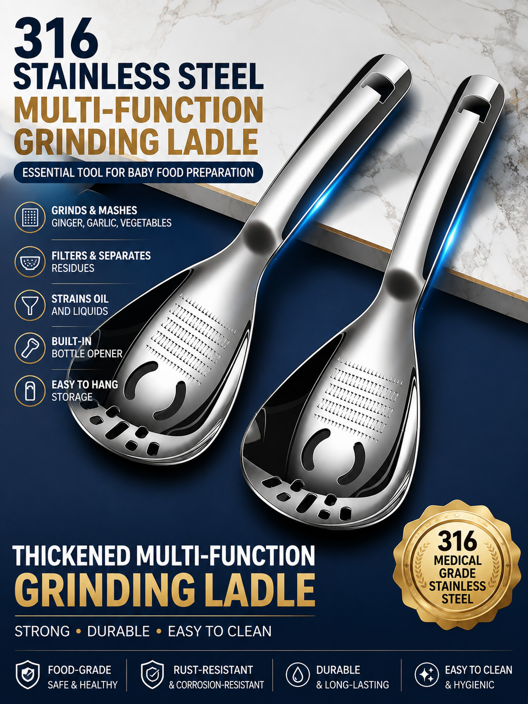 L316 Stainless Steel Masher & Strainer Spoon