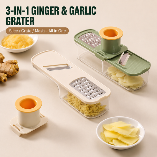 3-in-1 Garlic Press, Grater & Slicer – Stainless Steel Ginger & Garlic Tool