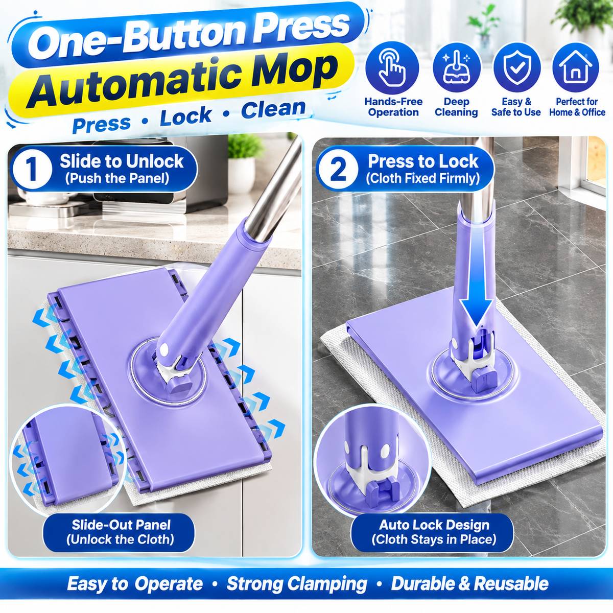 Hands-Free Self-Cleaning Floor Mop — Compact Mop for Wet Wipes, Face Towels & Cloths, Perfect for Bathroom and Wall Cleaning