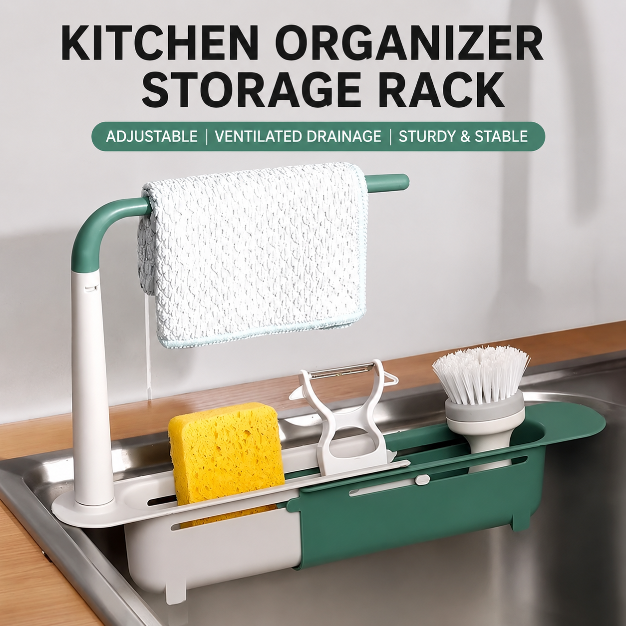 Expandable Sink Organizer Rack, Drain Basket & Water Filter