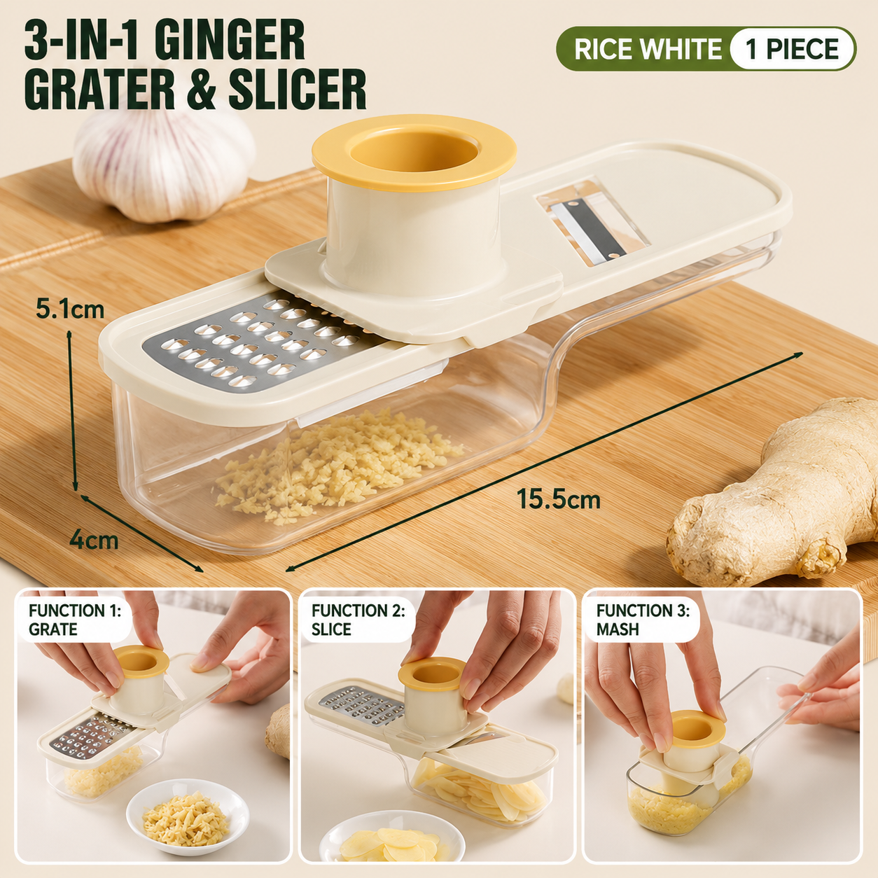 3-in-1 Garlic Press, Grater & Slicer – Stainless Steel Ginger & Garlic Tool