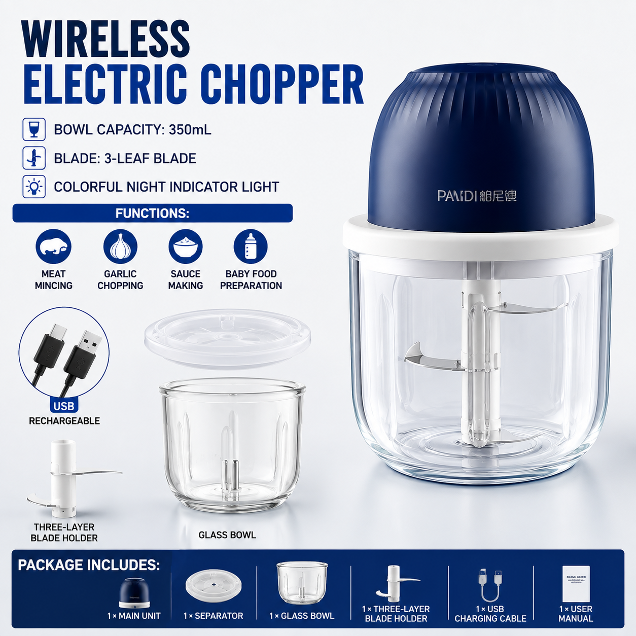 PANIDI Wireless Mini Food Processor – Compact Electric Garlic Masher, Multi-Function Chopper for Garlic, Minced Meat & Vegetables