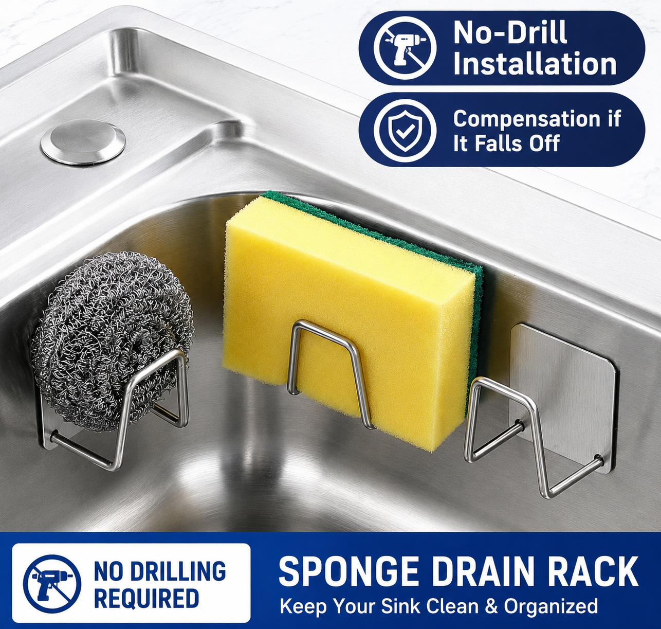Multi-Functional Sink Storage Rack – Sponge, Dishcloth, Scrubber & Pot Lid Holder, No-Drill Adhesive Organizer