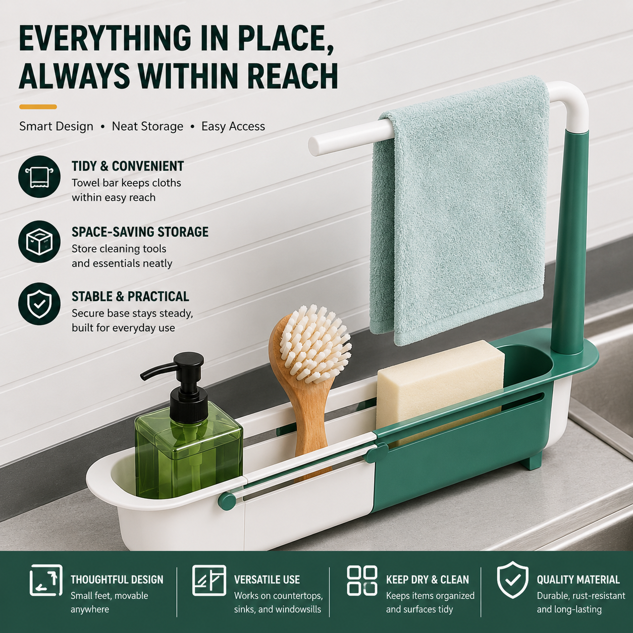 Expandable Sink Organizer Rack, Drain Basket & Water Filter