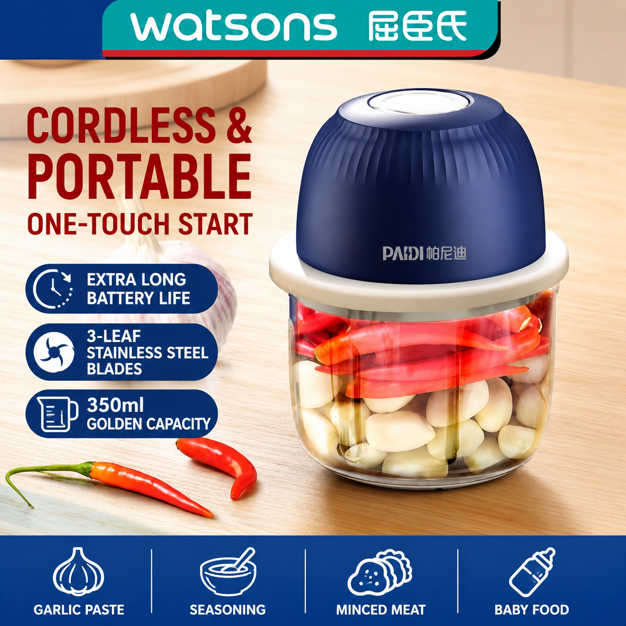 PANIDI Wireless Mini Food Processor – Compact Electric Garlic Masher, Multi-Function Chopper for Garlic, Minced Meat & Vegetables