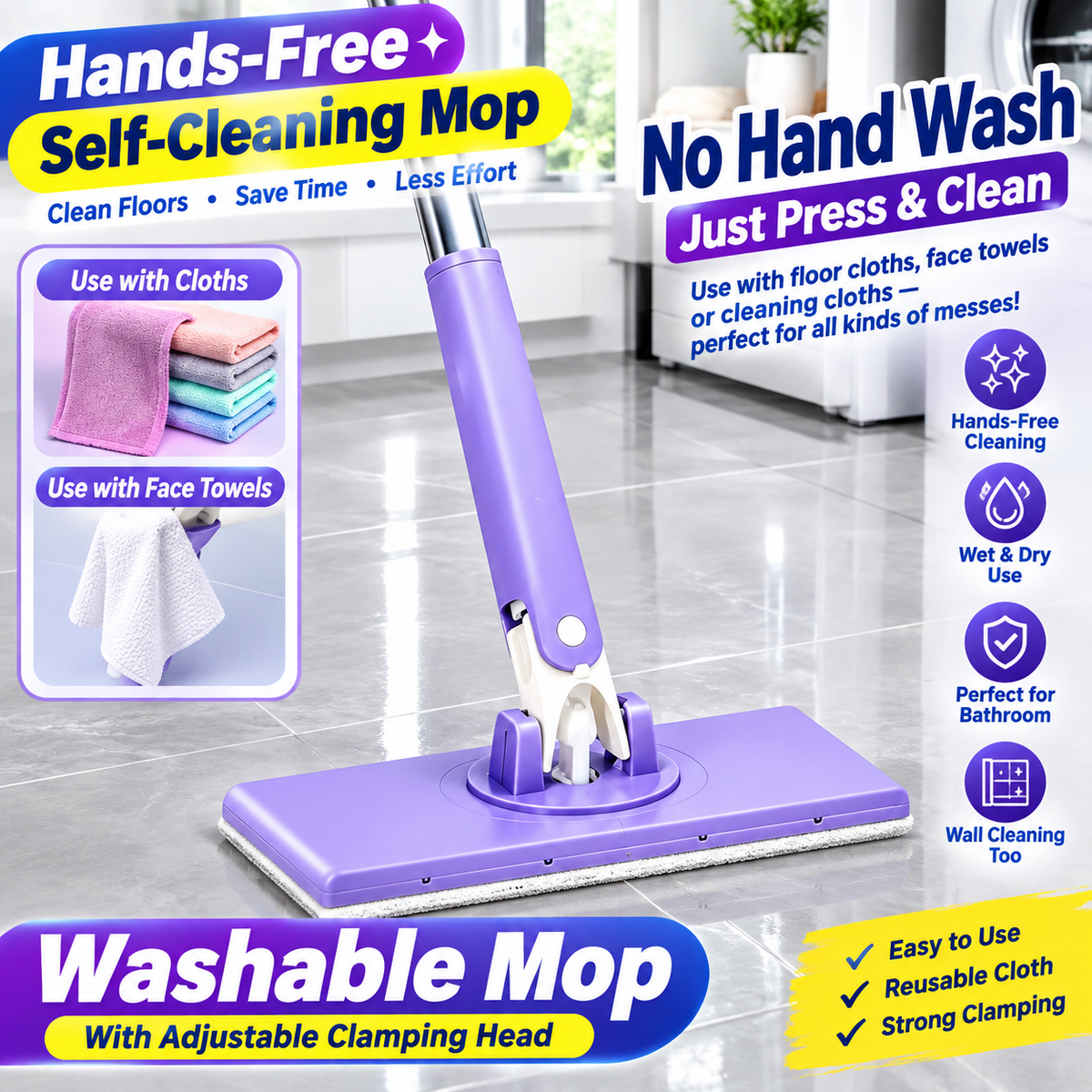 Hands-Free Self-Cleaning Floor Mop — Compact Mop for Wet Wipes, Face Towels & Cloths, Perfect for Bathroom and Wall Cleaning
