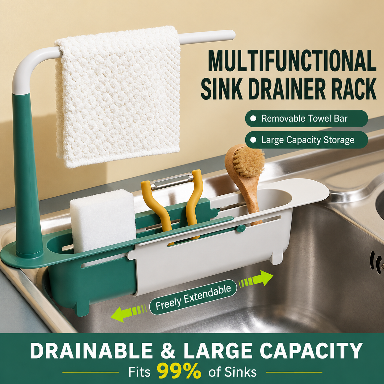 Expandable Sink Organizer Rack, Drain Basket & Water Filter