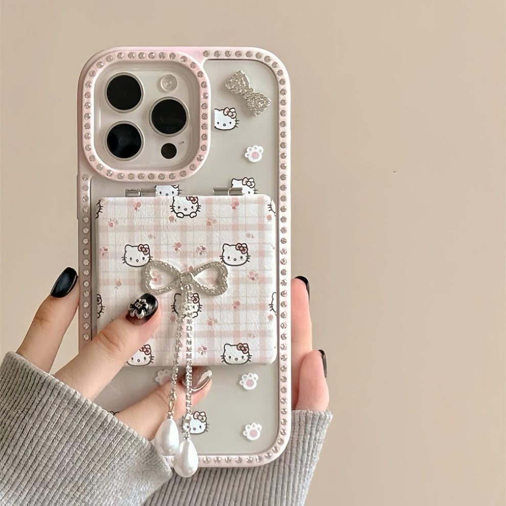 Pink Kitty Bow Phone Case with Mirror Holder