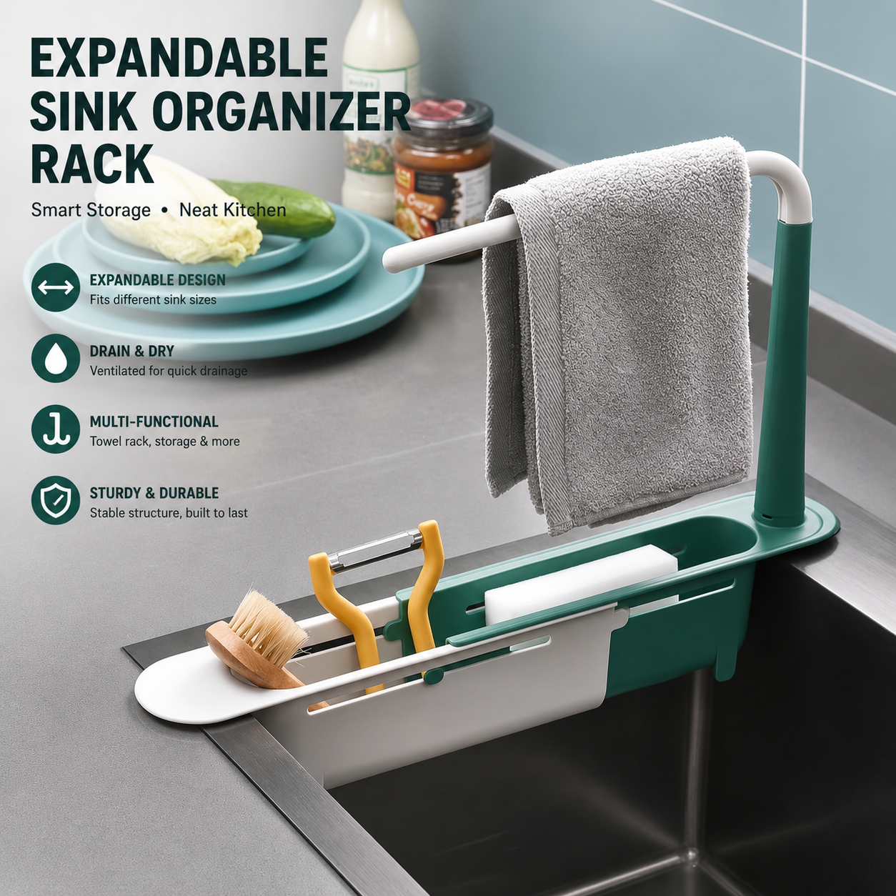 Expandable Sink Organizer Rack, Drain Basket & Water Filter