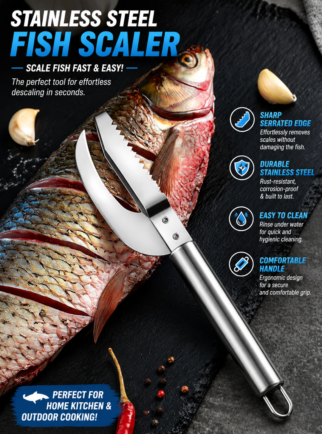 Stainless Steel Fish Scaler & Gutting Tool – Heavy-Duty Fish Cleaner