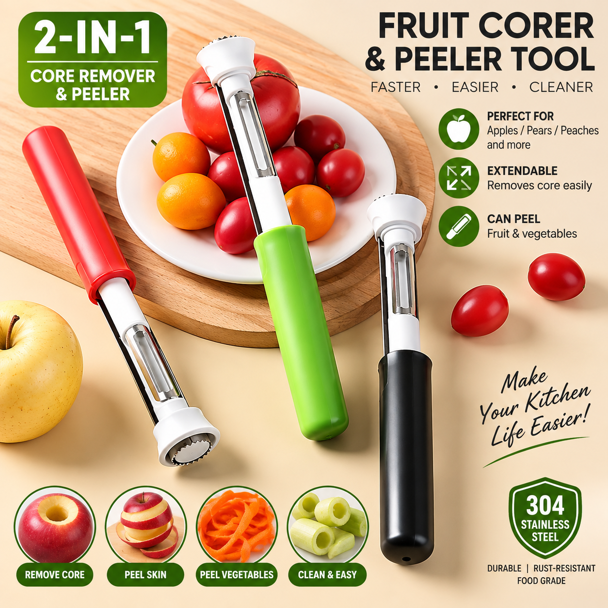 2-in-1 Stainless Steel Fruit & Vegetable Corer & Peeler
