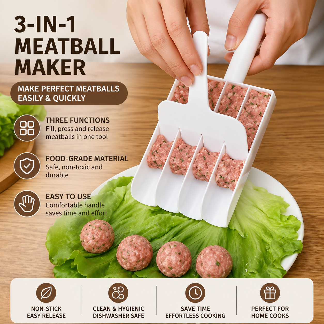 Creative 4-in-1 Meatball Maker — a handy kitchen tool for making meatballs, fish balls, shrimp paste balls, and more at home. 🍖✨