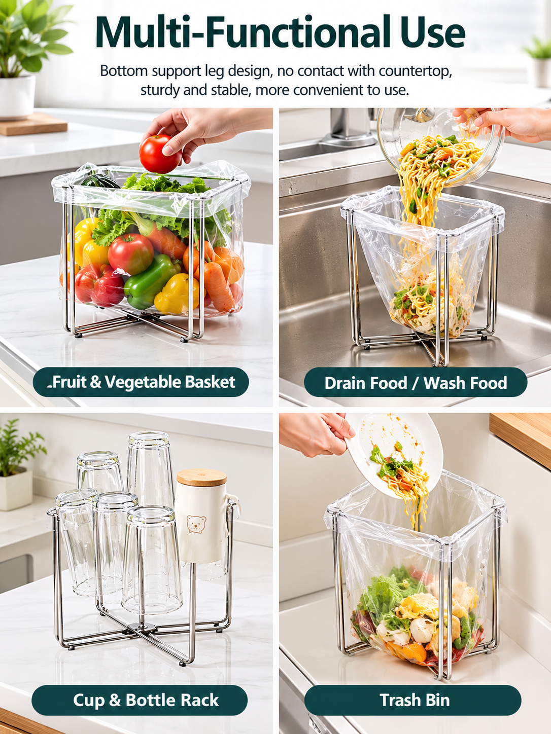 Stainless Steel Kitchen Trash Bag Holder – Multi-Functional Countertop Waste Rack