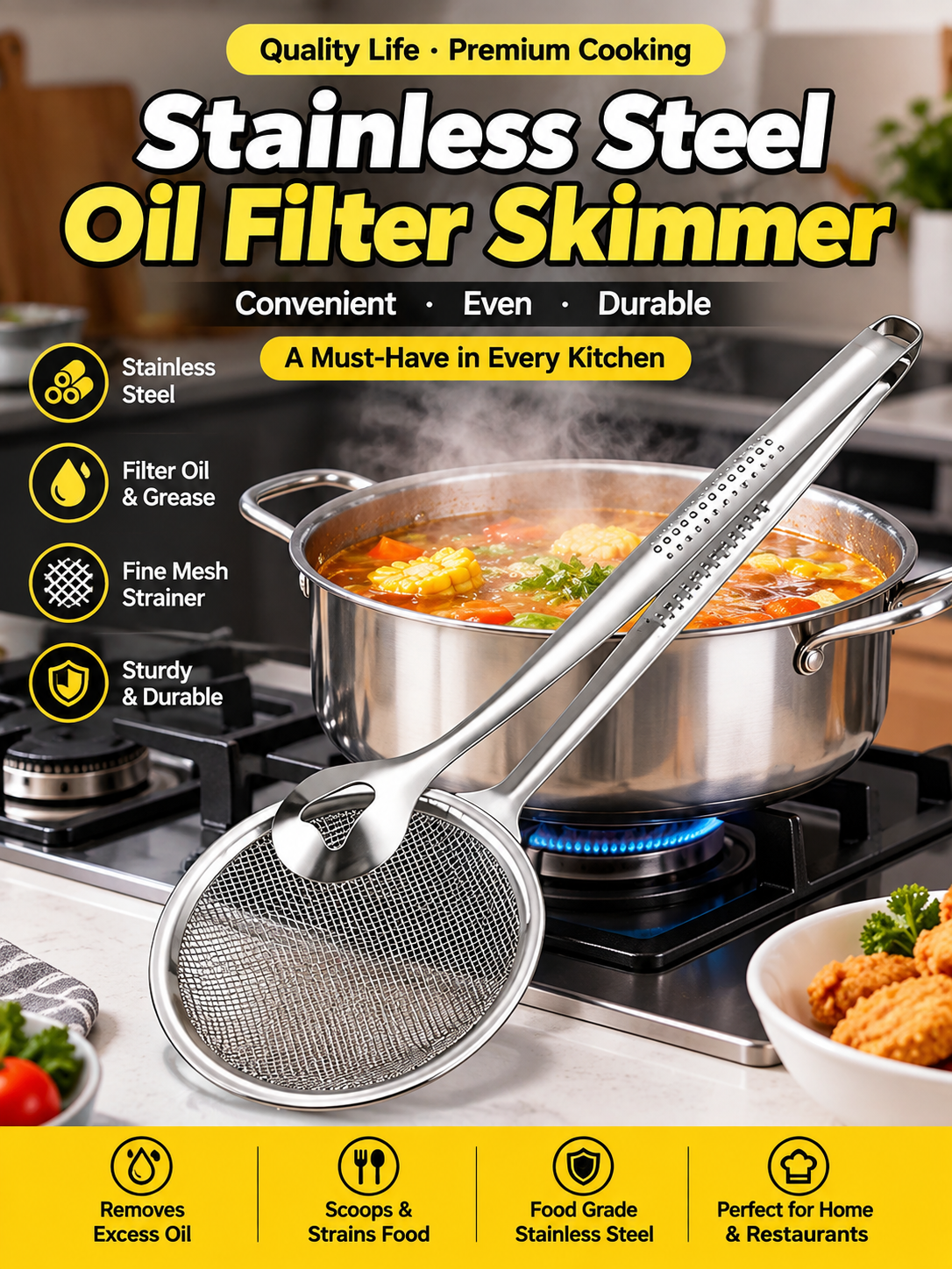 Stainless Steel Slotted Spoon & Frying Tongs